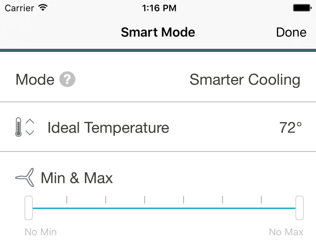 Haiku’s IoT control app for its fan can optimize the heating and cooling of a room to a specific temperature. Adding IoT to a product isn’t a big challenge at the end of the day. The real challenge is adding meaningful IoT features that improve the user experience. (Image courtesy of Haiku Home.)
